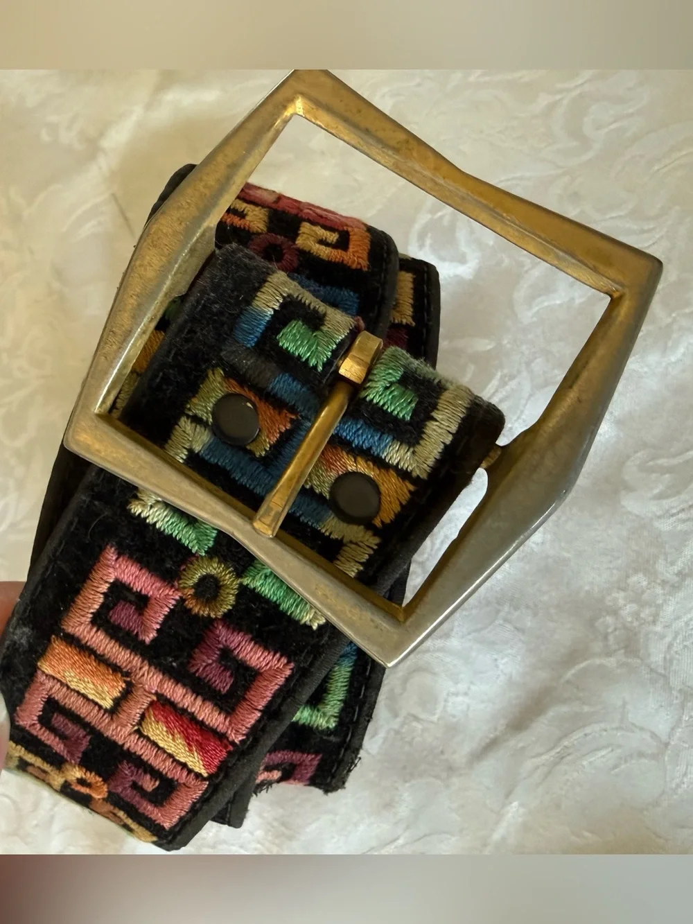 Embroidered Multicolor Belt with Brass Buckle